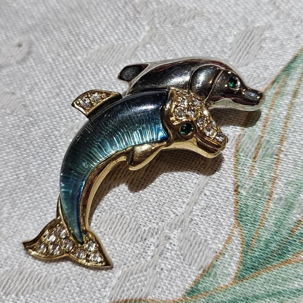 vintage whimsical double dolphin brooch